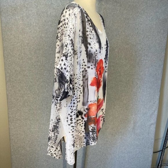 Jess & Jane Women's Tunic White Red Poppy Sequin Sheer Cheetah Asymmetrical XL - Picture 5 of 14